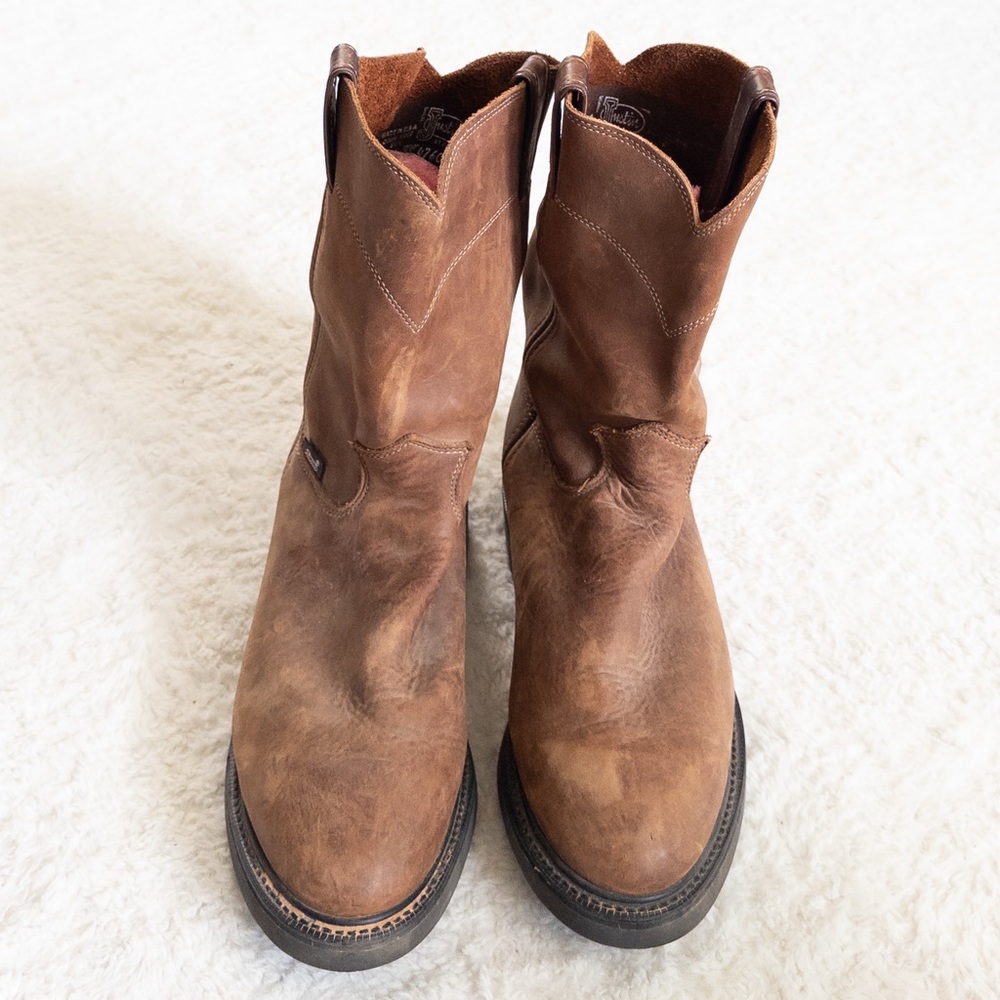 Justin Men’s Round-Up Pull-On Work Boots Size 9 Brown Leather - Picture 2 of 10